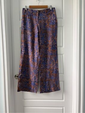 LOFT Blue and Brown Linen Paisley Wide-Leg Trousers